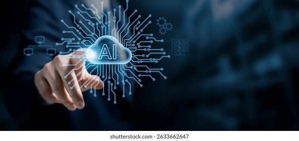 Businessman hand touching AI cloud icon with digital circuit lines, cloud computing, artificial intelligence technology, data processing and futuristic innovation in digital transformation.