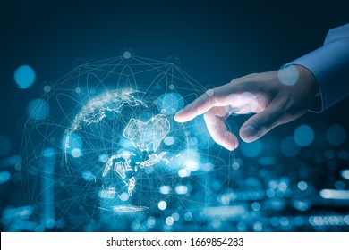 Businessman hand touching global network and data exchanges over the world 3D rendering