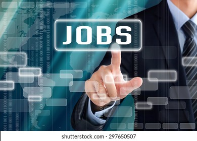 Businessman Hand Touching JOBS Sign On Virtual Screen - Job Searching Concept