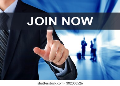 Businessman Hand Touching JOIN NOW Tab On Virtual Screen