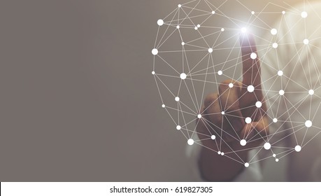 Businessman hand touching map point, network connection, international meaning, copy space / soft focus picture / Vintage concept