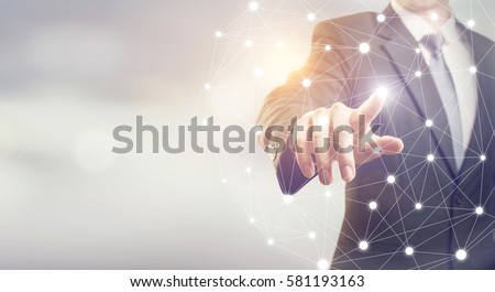 Businessman hand touching map point, network connection, international meaning, copy space