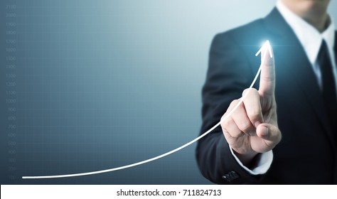 Businessman Hand Touching Point Graph Growth Or Increase Business Chart, Growing Up Revenue And Development Concept