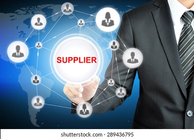 Businessman hand touching SUPPLIER sign on virtual screen with people icons linked as network