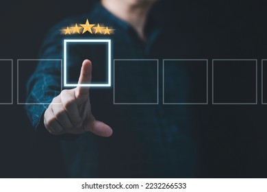 Businessman hand touching virtual empty box with golden five stars for add selection item , Excellent customer evaluation concept after use product and service concept. - Shutterstock ID 2232266533