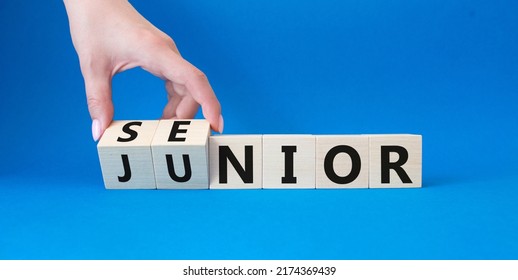 Businessman hand turns wooden cubes and changes words Junior to Senior. Beautiful blue background. Business and Senior and Junior concept. Copy space