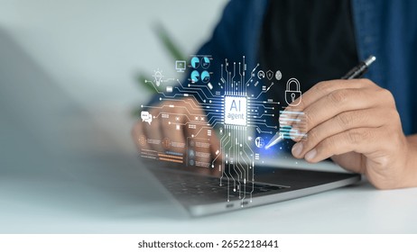 Businessman hand using a laptop with an AI agent technology interface, representing artificial intelligence, data analytics, cybersecurity, and digital transformation.