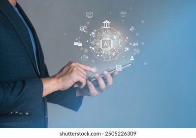  Businessman Hand Using Mobile Phone to Connect Digital banking on mobile , finance bank money technology online, e-commerce, Smart, E-wallet, Financial and Economy.