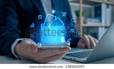 Businessman Hand Using Mobile Phone to Connect Digital Wallet. Mobile banking, online finance, e-commerce, Smart, E-wallet, Financial and Economy.