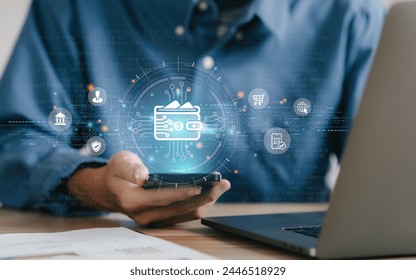 Businessman Hand Using smartphone for Online Payment by Digital Wallet. Transaction on Mobile banking, E-wallet on blockchain technology. transfer, credit card, financial, and global business online - Powered by Shutterstock - Get 15% off with code: PIKWIZARD15
