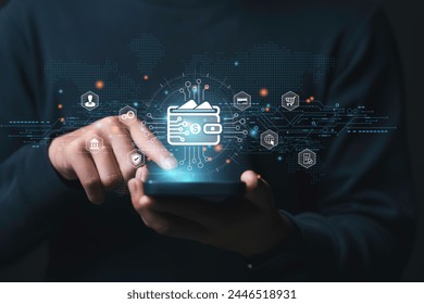 Businessman Hand Using smartphone for Online Payment by Digital Wallet. Transaction on Mobile banking, E-wallet on blockchain technology. transfer, credit card, financial, and global business online - Powered by Shutterstock