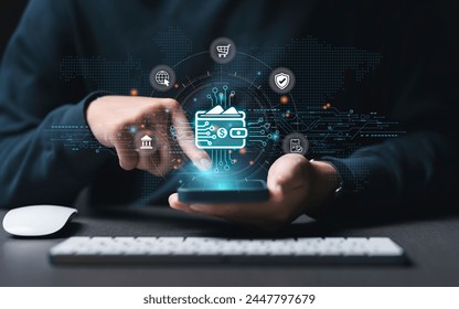 Businessman Hand Using smartphone for Online Payment by Digital Wallet. Transaction on Mobile banking, E-wallet on blockchain technology. transfer, credit card, financial, and global business online - Powered by Shutterstock