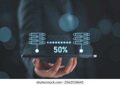 Businessman hand using tablet with data host server storage icon for information exchange and transfer concept. Transfer data.