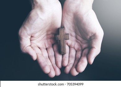 Businessman Hand Wooden Cross Dark Background Stock Photo 705394099 ...