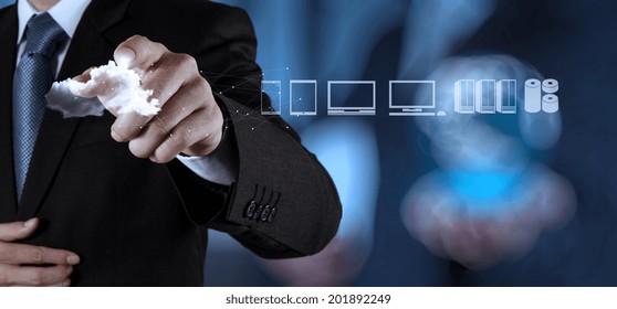 Businessman hand working with a Cloud Computing diagram on the new computer interface as concept