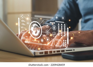 Businessman Hand Working With Modern Technology And Digital Layer Effect. Intelligence BI And Business Analytics BA With Key Performance Indicators KPI Dashboard In VR Globe Form Concept.