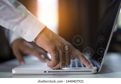 businessman hand working with new modern computer  as concept morning light. VR icon diagram - Shutterstock ID 1440407921