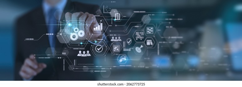 Businessman hand working with virtual innovation Operations management involving business process and problem solving,workflow,monitoring and innovation,high quality control on computer dashboard. - Shutterstock ID 2062773725
