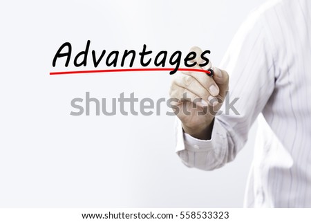 Businessman hand writing advantages with red marker on transparent wipe board, business concept.