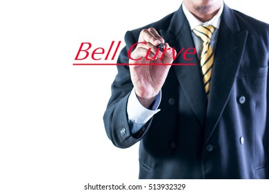 Businessman Hand Writing Bell Curve On Transparent Wipe Board.