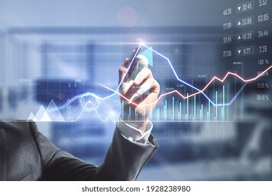 Businessman Hand Writing On Digital Screen With Financial Trade Market Graphs, Diagram And Forex Chart. Double Exposure