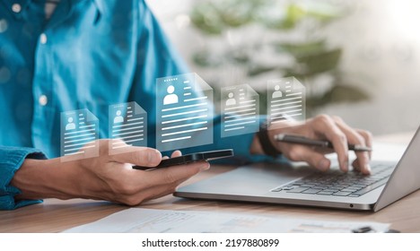 Businessman Handling Documents Via Mobile Phone Paperless Office Document Management Concept With Icons On The Virtual Screen ERP E-signing