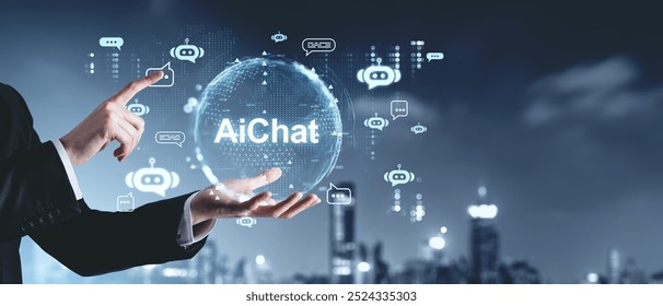 Businessman hands and finger touch digital hologram with AI, glowing earth sphere and speech bubbles. Blurred city skyscrapers. Concept of artificial intelligence, chat bot and virtual assistant