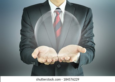 Businessman Hands Holding Empty Transparent Sphere 