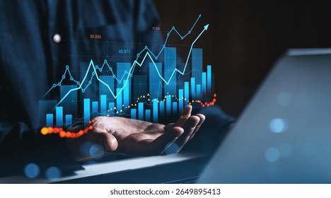 Businessman hands holding glowing financial graphs and data charts, digital style, dark blurred office background, concept of business growth analytics - Powered by Shutterstock - Get 15% off with code: PIKWIZARD15