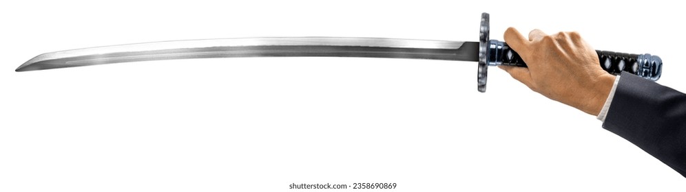 Businessman hand's holding Samurai Sword or Rapier isolated on white background, Sliver Samurai Sword with long blade on White Background With clipping path.