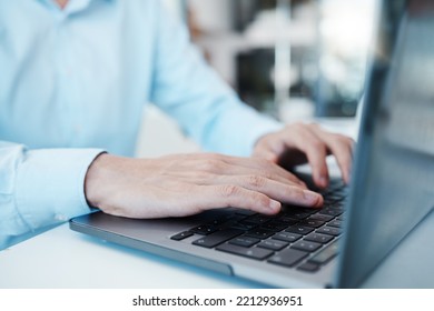 Businessman, Hands And Laptop Typing In Digital Marketing Startup, Small Business And Advertising Company. Zoom, Developer And Technology Programmer In Web Design, Code Programming Or Office Software