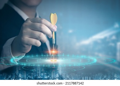 Businessman Hands Placing Arrows On Virtual Target Board. Concept Of Business Aim And Objective Achievement, Goal Setting