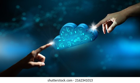 Businessman hands pointing Cloud computing technology internet storage network. Cloud service, Cloud technology, and Cloud storage Concept.