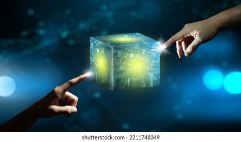 Businessman hands pointing Cube technology with Abstract blue background. Blockchain Network System. Big data storage processing, Cloud data, Internet Security, and Digital Technology. - Powered by Shutterstock - Get 15% off with code: PIKWIZARD15