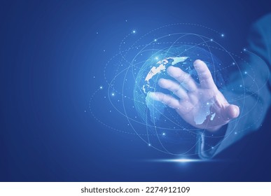 Businessman hands put on virtual world and network. Internet of things concept, digital technology, internet network connection, big data, digital marketing IOT, AI.