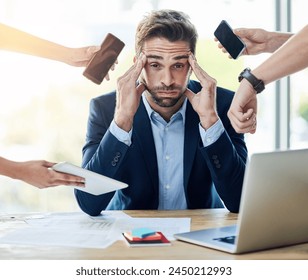 Businessman, hands and stress or overwhelmed with multitask in office with poor time management or tech. Employee, headache and portrait for workload, overworked or team pressure for deadline by desk - Powered by Shutterstock