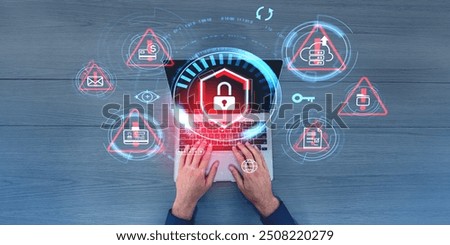Businessman hands typing in computer, double exposure bug detection and online security, hacker attack and cyber crime. Concept of virus, digital protection and threat