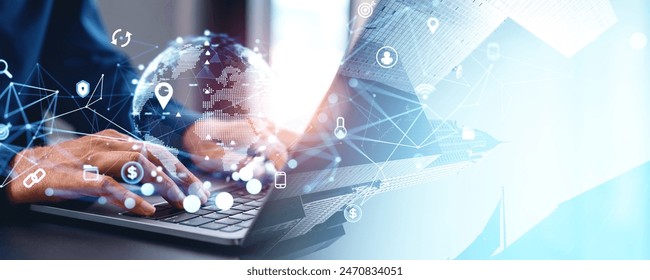 Businessman hands typing in laptop, earth sphere and internet of things icons, skyscrapers and abstract lines double exposure. Concept of global business network and smart city connection - Powered by Shutterstock