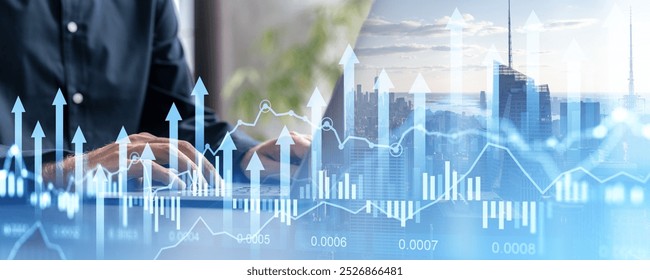 Businessman hands typing on laptop, double exposure graph lines and rising arrows hologram. City skyscrapers. Concept of business company growth, financial plan and development