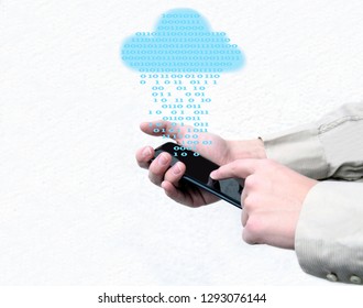 Businessman Hands Using Smart Phone With Data Base Programs And Reports From The Cloud Back Up Online Internet. New Technology Application Of Numeric Numbers Menu From Blue Cloud Directly To Phone