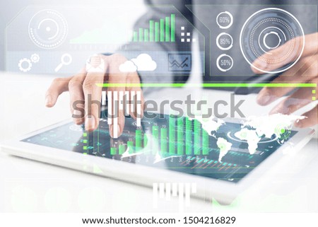 Businessman hands using tablet computer. Digital marketing media or financial diagrams in virtual screen. 3D chart floating above digital tablet computer screen. Modern smart technology in business