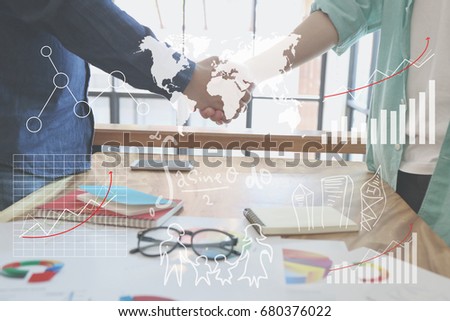Businessman handshake for closing the deal after singing the lucrative contract between companies.Trust business partner, world map global partnership networking benchmark in meeting room concept unit