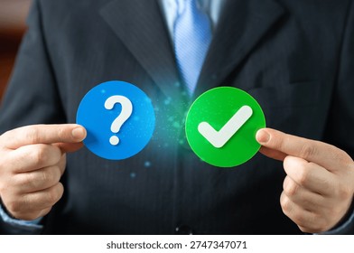 A businessman has found a solution to the problem. Give consent and confirm participation highlighting decision making approval process and successful resolution.