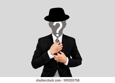 Businessman with hat and question mark on head, isolated on white background