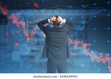 A businessman with head in hands standing before a futuristic screen displaying world maps and financial data indicating a global economic downturn