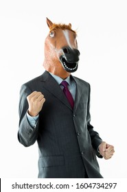 Businessman with head of horse on white background.