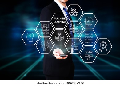 businessman with hexagon tile interface and message MACHINE LEARNING in front of blue background