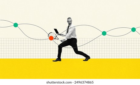 Businessman hitting ball with tennis racket while holding laptop. Dynamic multi-tasking, strategic action and pursuit of goals. Contemporary art collage. Concept of business, achievement - Powered by Shutterstock