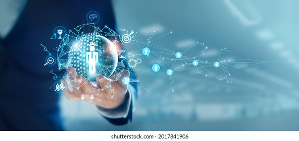 Businessman hold circle of network structure HR - Human resources. Business leadership concept. Management and recruitment. Social network. Different people.  - Shutterstock ID 2017841906