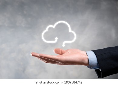 Businessman hold cloud icon.Cloud computing concept - connect smart phone to cloud. computing network information technologist with smart phone.Big data Concept